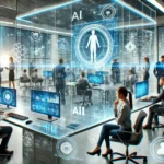 Team collaborating in a high-tech digital workspace with AI tools and virtual reality, symbolizing the integration of technology and teamwork for success.