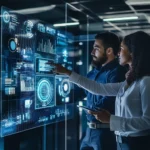A diverse team of professionals collaborating in a high-tech office, integrating technology and leadership for project success.