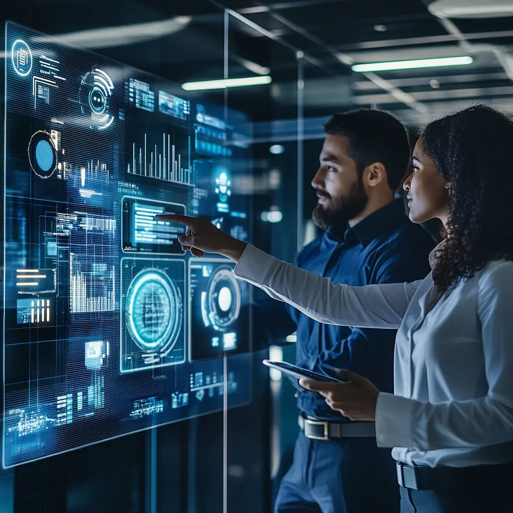 A diverse team of professionals collaborating in a high-tech office, integrating technology and leadership for project success.