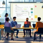 A modern workplace featuring a diverse team collaborating in an open, bright office. Team members are coding on laptops, discussing ideas over coffee, and working on a digital whiteboard displaying a project plan. The space is illuminated by natural light with potted plants adding warmth, symbolizing the balance of technical proficiency and human connection.