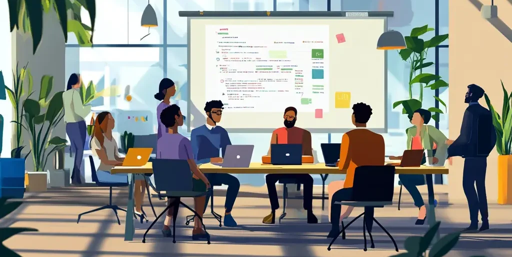 A modern workplace featuring a diverse team collaborating in an open, bright office. Team members are coding on laptops, discussing ideas over coffee, and working on a digital whiteboard displaying a project plan. The space is illuminated by natural light with potted plants adding warmth, symbolizing the balance of technical proficiency and human connection.