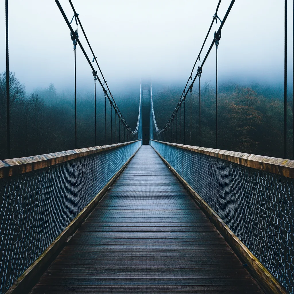A long suspension bridge extending into the fog, symbolizing connection, progress, and bridging gaps in communication and technology.
