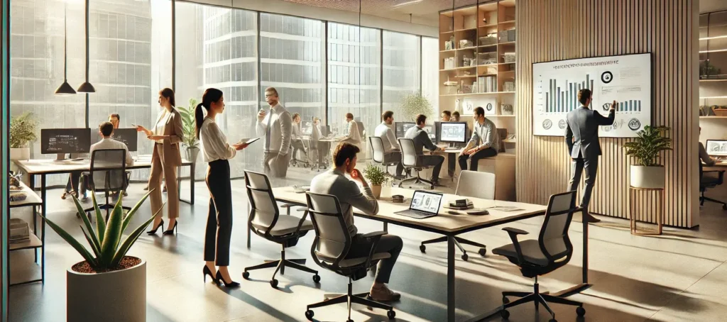A modern office with diverse employees collaborating, a leader giving feedback, and a team working together, representing the 5 steps of talent management.