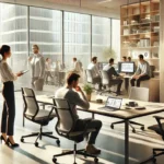 A modern office with diverse employees collaborating, a leader giving feedback, and a team working together, representing the 5 steps of talent management.