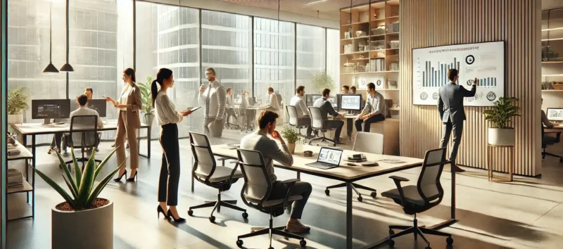 A modern office with diverse employees collaborating, a leader giving feedback, and a team working together, representing the 5 steps of talent management.