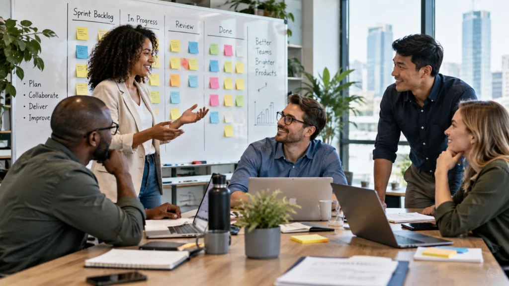 Build Agile teams through collaborative planning around a visual workflow board in a modern office