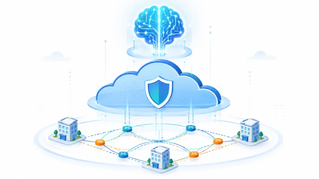 Layered illustration showing SD-WAN as the network foundation, SASE as the cloud security layer above it, and AI as the intelligence layer optimizing both