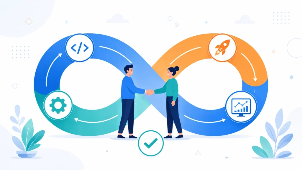 Illustration of the DevOps infinity loop showing development and operations teams collaborating across a continuous cycle of coding, building, testing, deploying, and monitoring