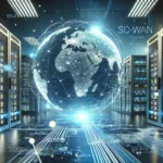Modern data center showcasing advanced SD-WAN technology with glowing network lines connecting a digital globe