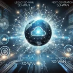 Futuristic digital network visualization showcasing the advantages of next-generation SD-WAN over legacy solutions with glowing nodes and a global perspective.