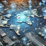 Futuristic digital network visualization showcasing Secure Access Service Edge (SASE) with glowing nodes and a global connectivity map
