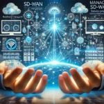 Comparison of SD-WAN and Managed SD-WAN represented with interconnected digital networks, highlighting control and third-party management.