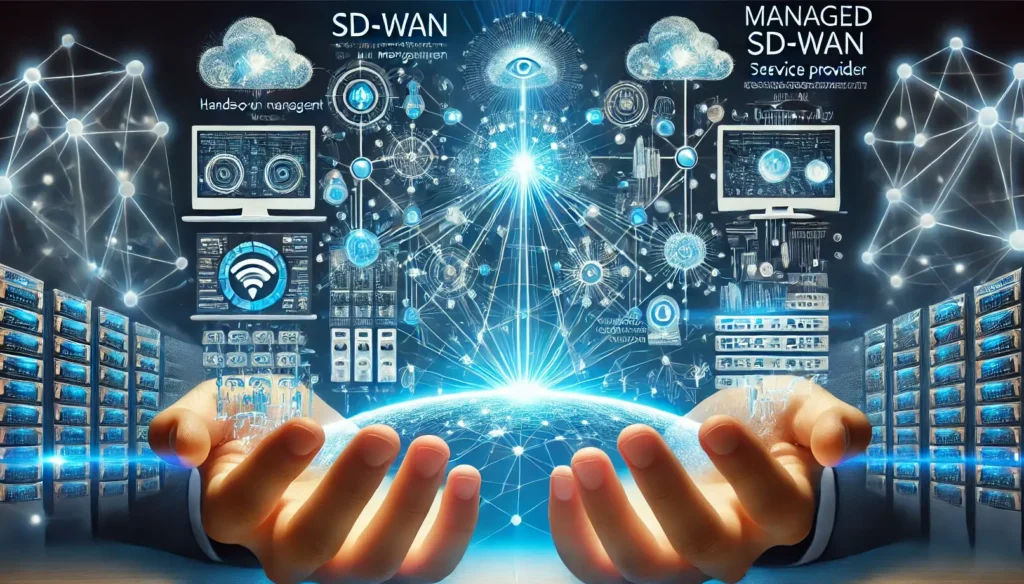 Comparison of SD-WAN and Managed SD-WAN represented with interconnected digital networks, highlighting control and third-party management.