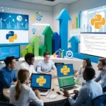 A modern illustration of professionals learning Python programming, featuring laptops, Python logos, and career growth symbols like arrows and graphs
