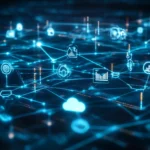 Futuristic network visualization comparing SDWAN's flexibility with Traditional WAN, featuring glowing pathways, cloud integration, and security shields