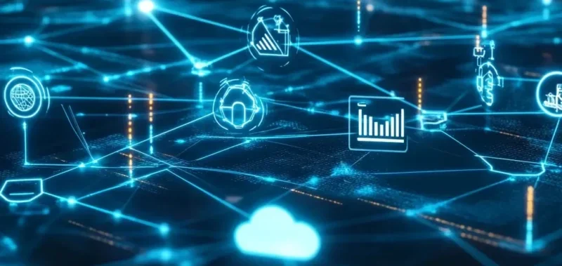 Futuristic network visualization comparing SDWAN's flexibility with Traditional WAN, featuring glowing pathways, cloud integration, and security shields