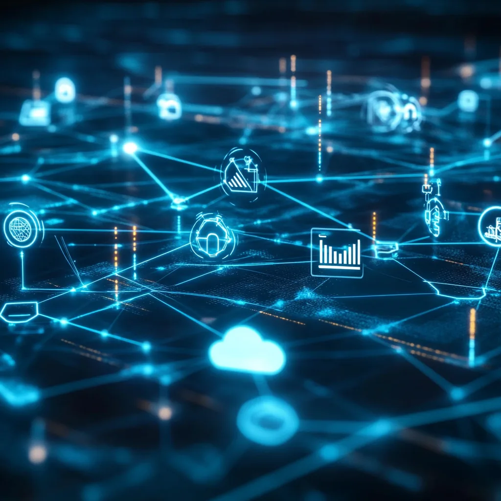 Futuristic network visualization comparing SDWAN's flexibility with Traditional WAN, featuring glowing pathways, cloud integration, and security shields