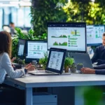 A diverse group of employees collaborating in a tech-driven, innovative office space, highlighting talent management practices