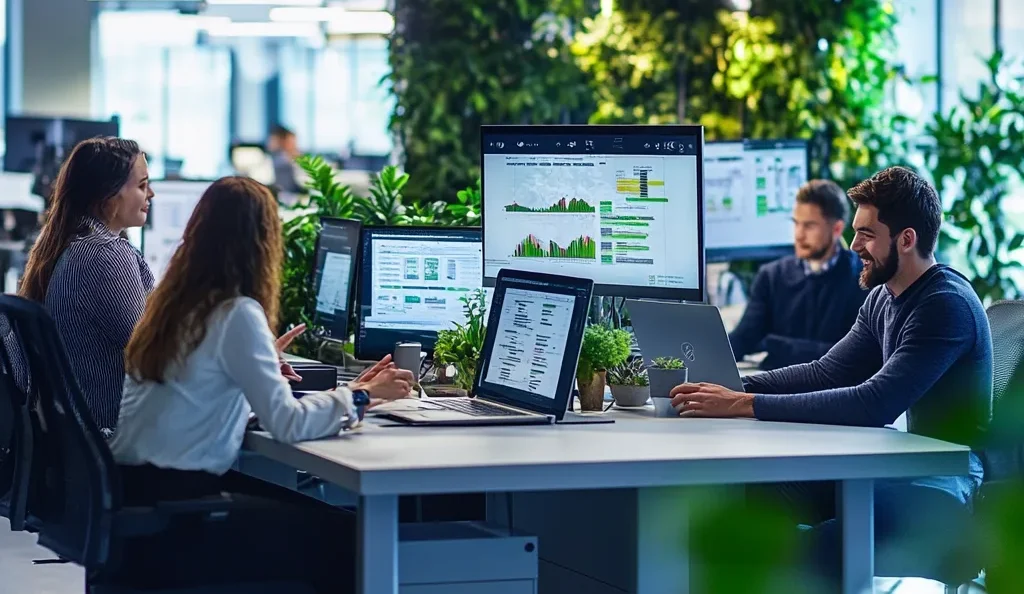 A diverse group of employees collaborating in a tech-driven, innovative office space, highlighting talent management practices
