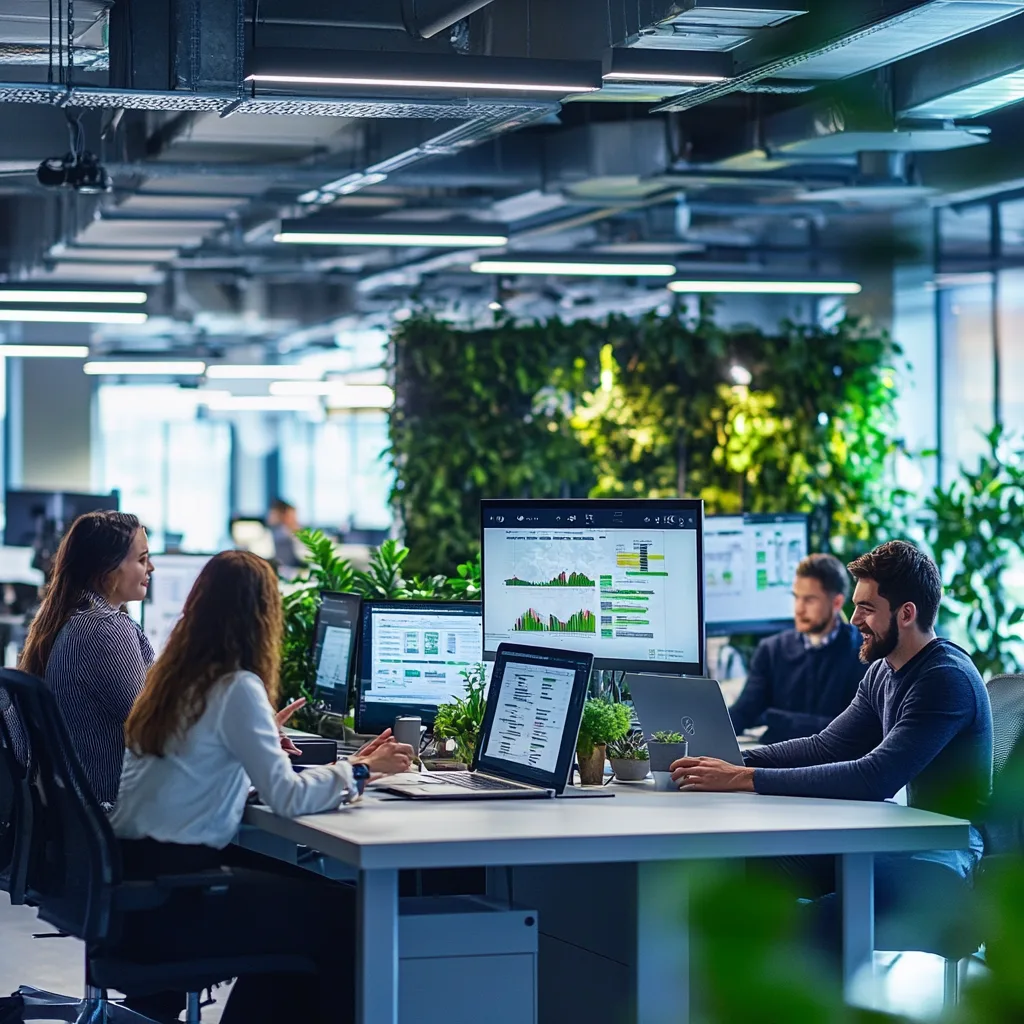 A diverse group of employees collaborating in a tech-driven, innovative office space, highlighting talent management practices