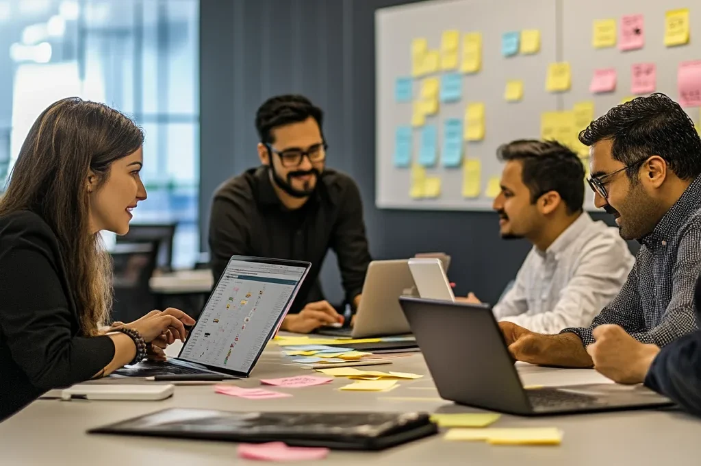 Collaborative team working in a modern office using laptops, sticky notes, and Kanban boards to represent agile teamwork and flexibility