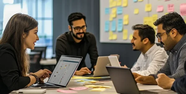 Collaborative team working in a modern office using laptops, sticky notes, and Kanban boards to represent agile teamwork and flexibility