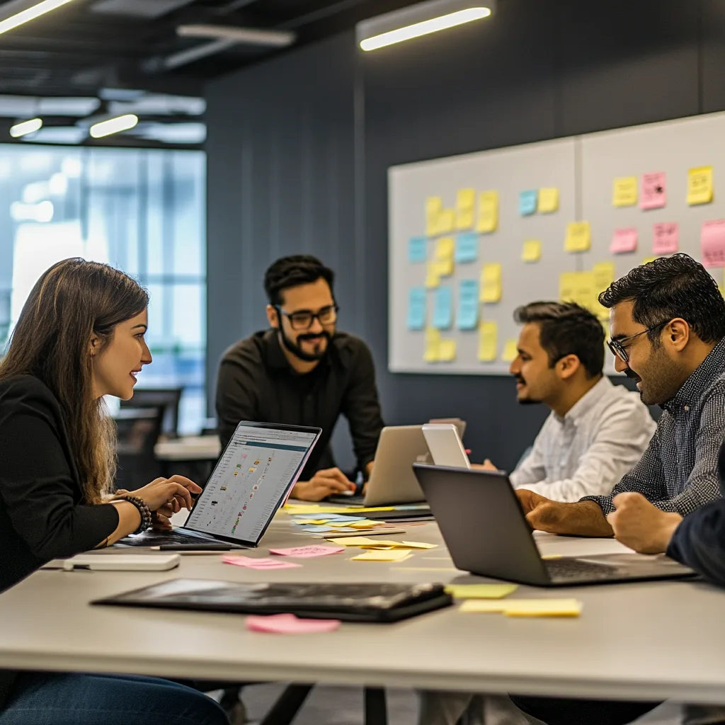 Collaborative team working in a modern office using laptops, sticky notes, and Kanban boards to represent agile teamwork and flexibility