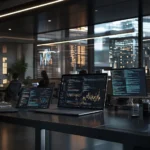 A modern workspace with diverse professionals coding in Python, showcasing data science and AI applications in a collaborative environment