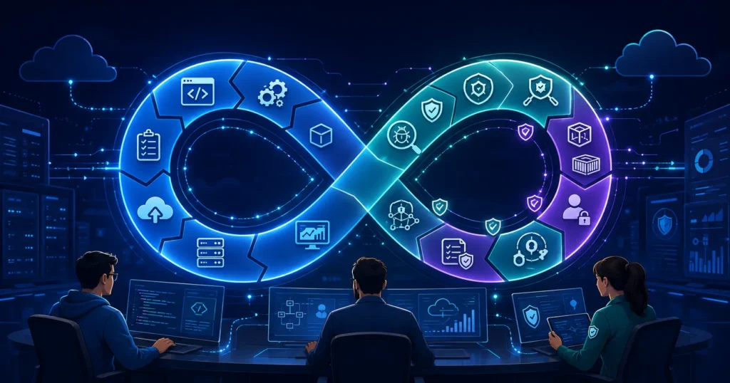 DevOps vs DevSecOps illustration showing security integrated into the DevOps lifecycle