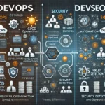 Infographic comparing DevOps and DevSecOps, split into two halves. The left side, titled 'DevOps', features collaboration between development and operations teams with icons for automation tools and CI/CD pipelines. The right side, titled 'DevSecOps', adds security shields, testing tools, and threat detection to the workflow. Both sides have a futuristic high-tech design with glowing elements.