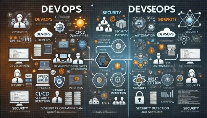 Infographic comparing DevOps and DevSecOps, split into two halves. The left side, titled 'DevOps', features collaboration between development and operations teams with icons for automation tools and CI/CD pipelines. The right side, titled 'DevSecOps', adds security shields, testing tools, and threat detection to the workflow. Both sides have a futuristic high-tech design with glowing elements.
