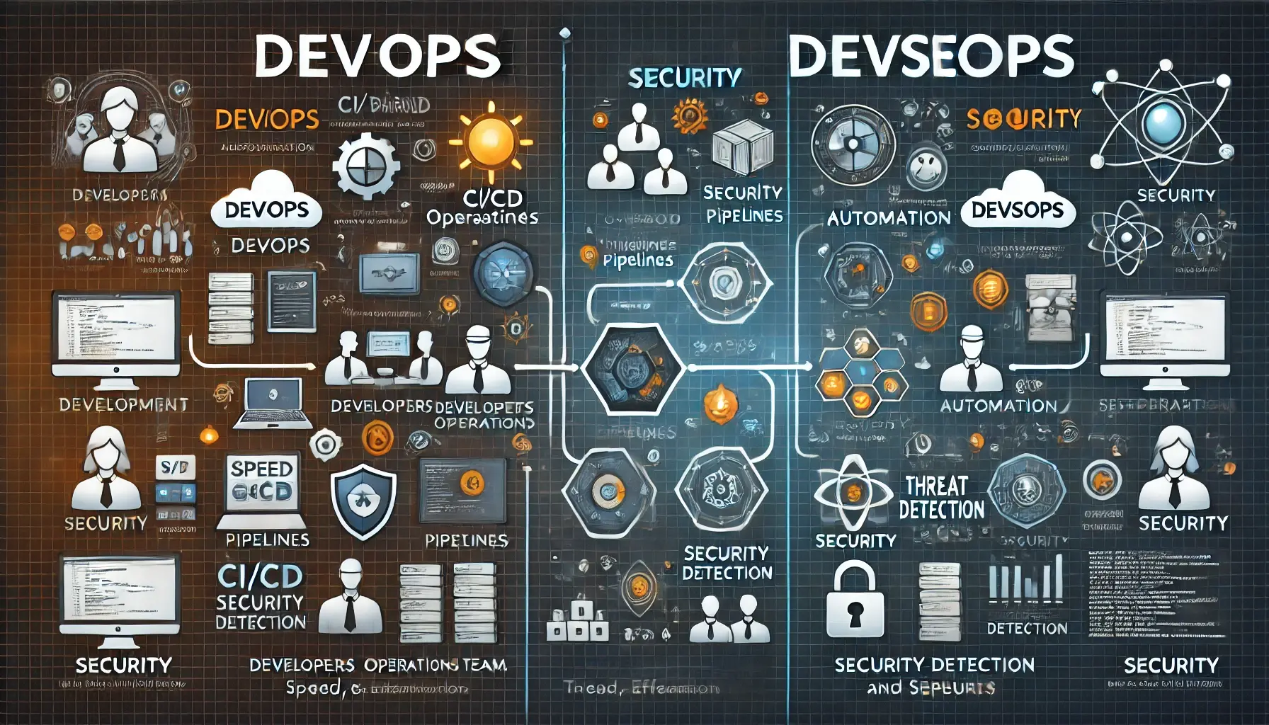 Infographic comparing DevOps and DevSecOps, split into two halves. The left side, titled 'DevOps', features collaboration between development and operations teams with icons for automation tools and CI/CD pipelines. The right side, titled 'DevSecOps', adds security shields, testing tools, and threat detection to the workflow. Both sides have a futuristic high-tech design with glowing elements.