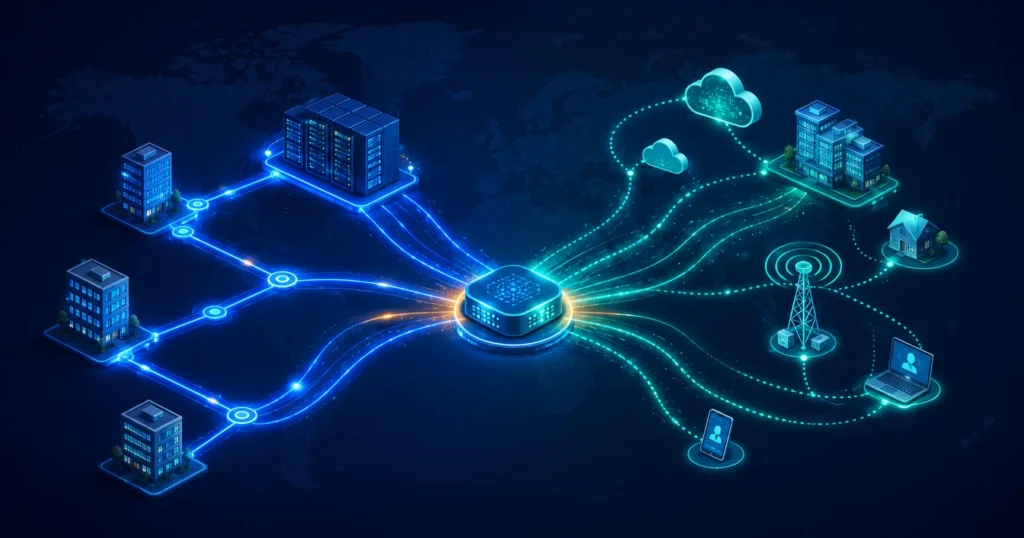 MPLS private network and SD-WAN cloud connections merging into a modern hybrid enterprise network.