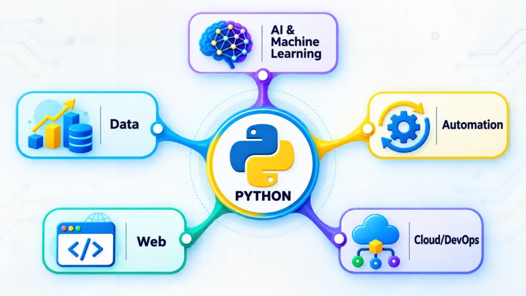 Python programming connected to AI and machine learning, data, automation, web development, and Cloud/DevOps.
