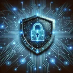 A glowing blue digital shield surrounded by interconnected nodes and circuit lines, symbolizing cybersecurity protection and data security