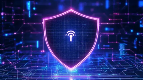 A glowing digital shield protecting interconnected devices from cyber threats in a futuristic cyberpunk-style security concept