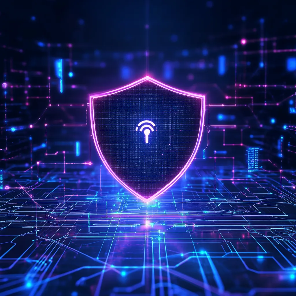 A glowing digital shield protecting interconnected devices from cyber threats in a futuristic cyberpunk-style security concept