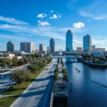 A scenic view of downtown Jacksonville, Florida, featuring modern skyscrapers, a river, and a bright blue sky, symbolizing the city's technological growth