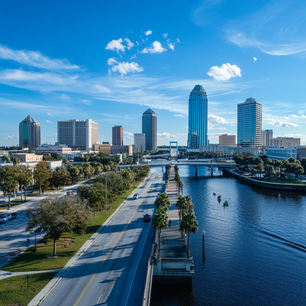 A scenic view of downtown Jacksonville, Florida, featuring modern skyscrapers, a river, and a bright blue sky, symbolizing the city's technological growth