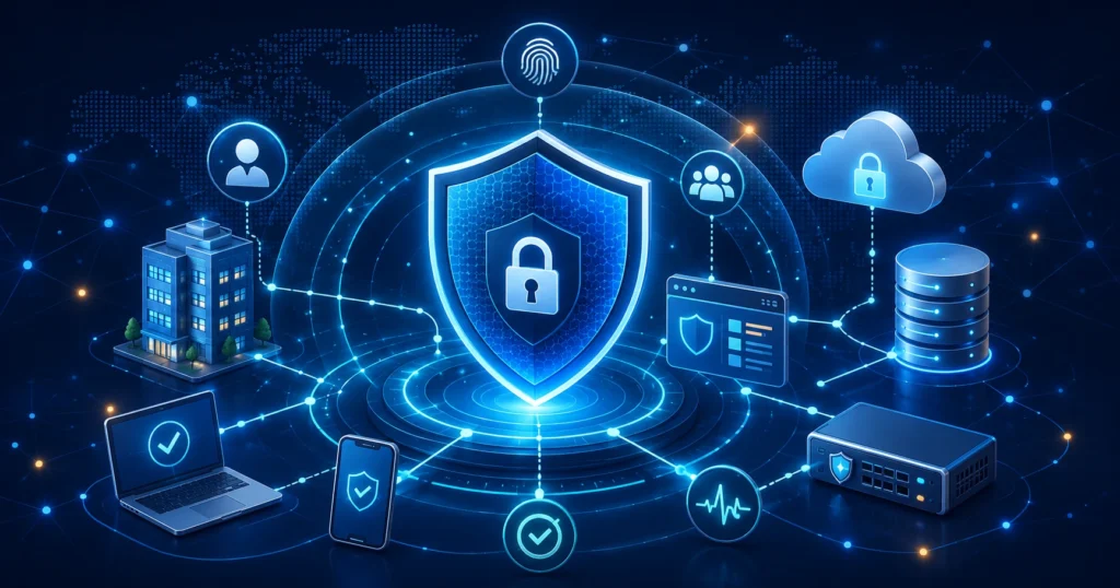 Cybersecurity shield protecting connected users, devices, cloud services, applications, networks, and business data.