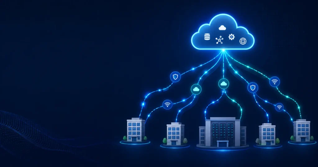 Diagram showing SD-WAN connecting branch offices, data centers, and cloud services through a centralized software-defined network