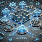 Futuristic digital network illustration of SD-WAN with cloud connections, data centers, and a centralized control panel optimizing traffic and security.