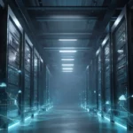 Futuristic data center representing Network Function Virtualization infrastructure with glowing network connections