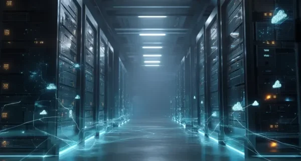 Futuristic data center representing Network Function Virtualization infrastructure with glowing network connections