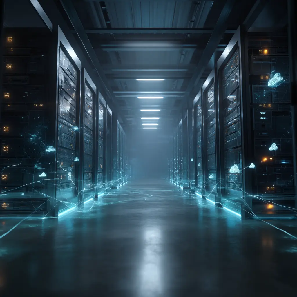 Futuristic data center representing Network Function Virtualization infrastructure with glowing network connections