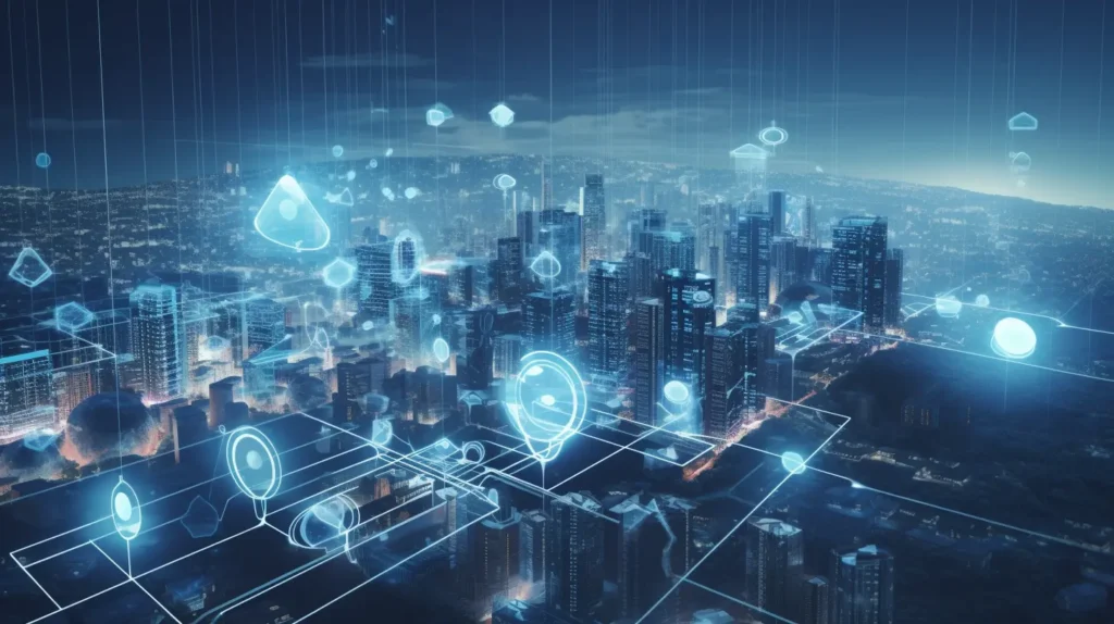 Futuristic digital landscape with smart homes, connected devices, cloud computing, IoT data streams, and industrial automation icons.