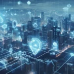 Futuristic digital landscape with smart homes, connected devices, cloud computing, IoT data streams, and industrial automation icons.