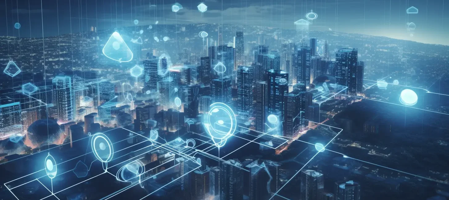 Futuristic digital landscape with smart homes, connected devices, cloud computing, IoT data streams, and industrial automation icons.