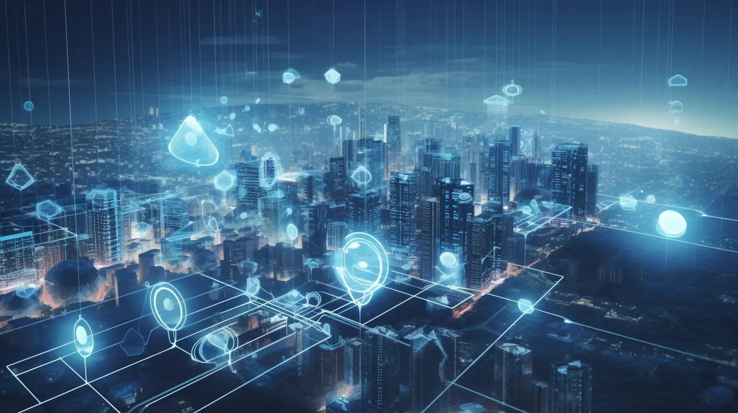 Futuristic digital landscape with smart homes, connected devices, cloud computing, IoT data streams, and industrial automation icons.