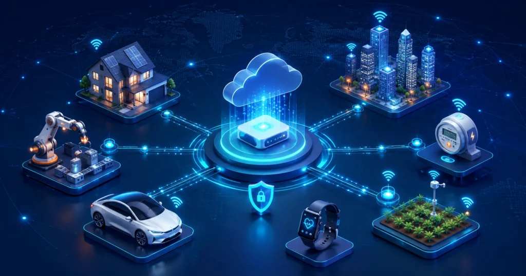 Internet of Things network connecting a smart home, factory, car, smartwatch, smart city, energy meter, and agricultural sensors to a secure cloud platform.